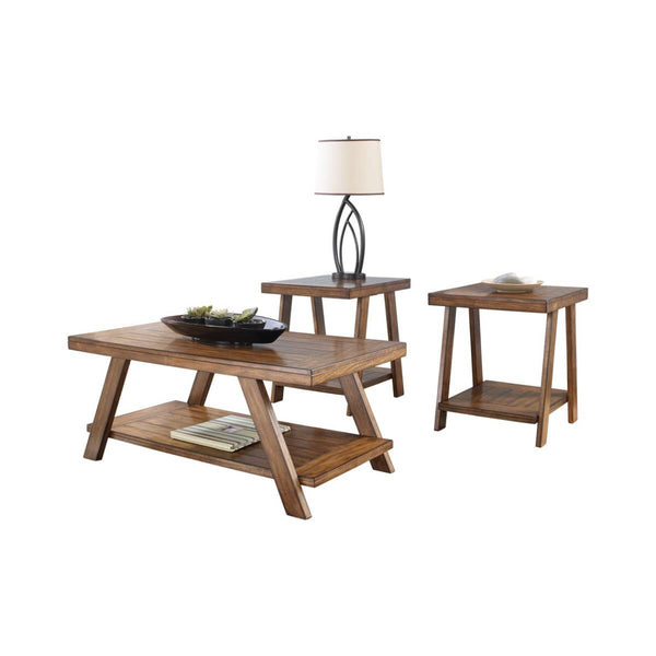Accent Tables Plank Style Wooden Table Set with Trestle Base and Lower Shelf, Set of Three, Brown Benzara