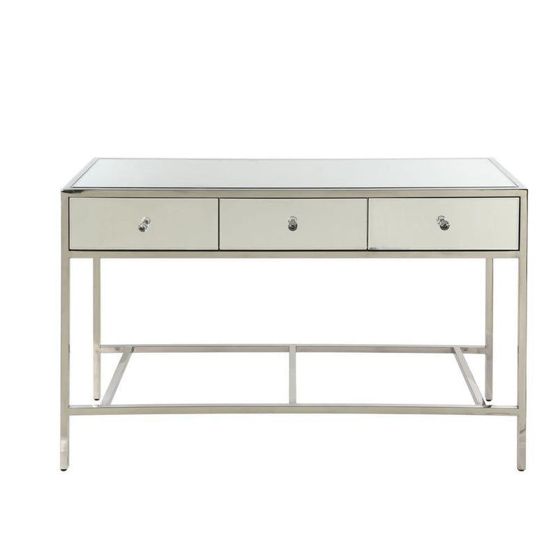 Accent Tables Rectangular Wood and Mirror Finish Sofa Table with 3 Drawers, Silver Benzara