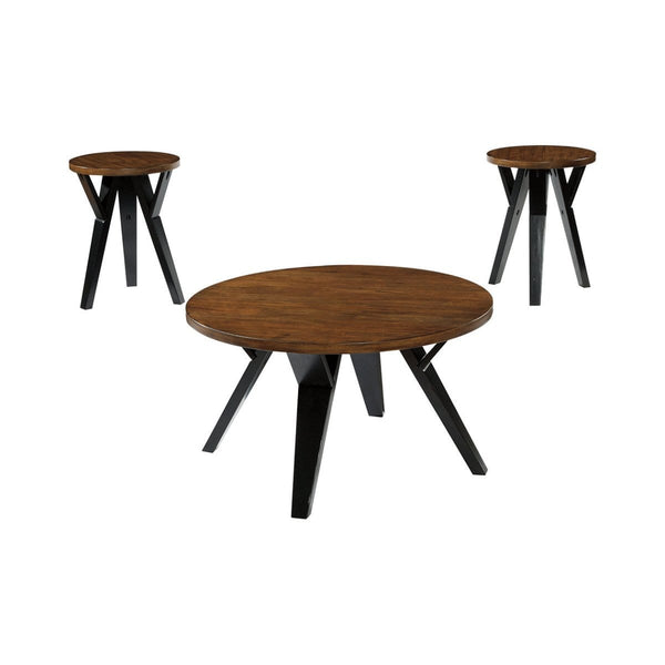 Accent Tables Retro Style Round Wooden Table Set with Angular Leg Support, Set of Three, Brown and Black Benzara
