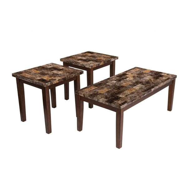 Accent Tables Rustic Style Faux Marble Top Table Set with Tapered Wooden Legs, Set of Three, Brown Benzara