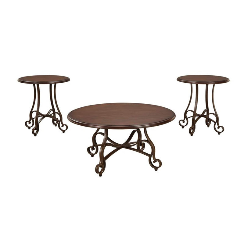 Accent Tables Scrolled Metal Base Tables with Round Wooden Top, Set of Three, Brown and Bronze Benzara