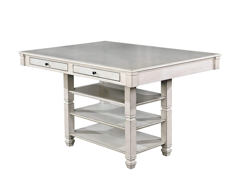 Accent Tables Solid Wood Counter Height Table with Drawers and Open Shelves, Antique White Benzara