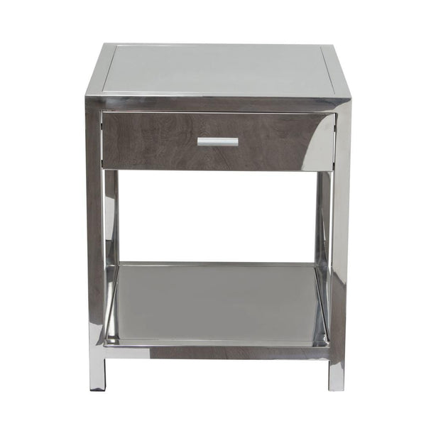 Accent Tables Square Stainless Steel Accent Table with One Drawer  and Open Bottom Shelf, Silver Benzara