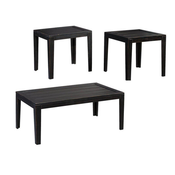 Accent Tables Vintage Inspired Plank Top Wooden Table Set with Tapered Legs, Set of Three, Black Benzara