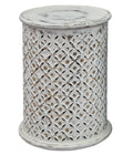 Wooden Intricate Filigree Cutout Pattern Drum Table, Antique White