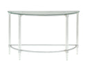 Acrylic and Metal Half Moon Sofa Table with Glass Top, Silver and Clear-Side and End Tables-Silver and Clear-Acrylic Metal and Glass-JadeMoghul Inc.