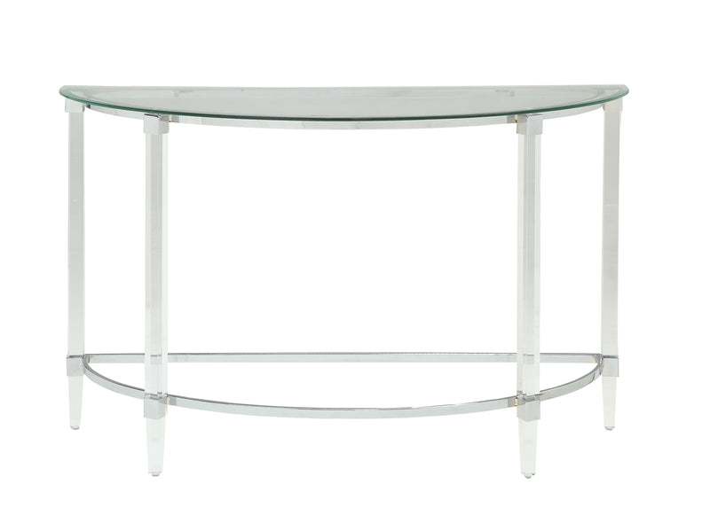 Acrylic and Metal Half Moon Sofa Table with Glass Top, Silver and Clear-Side and End Tables-Silver and Clear-Acrylic Metal and Glass-JadeMoghul Inc.