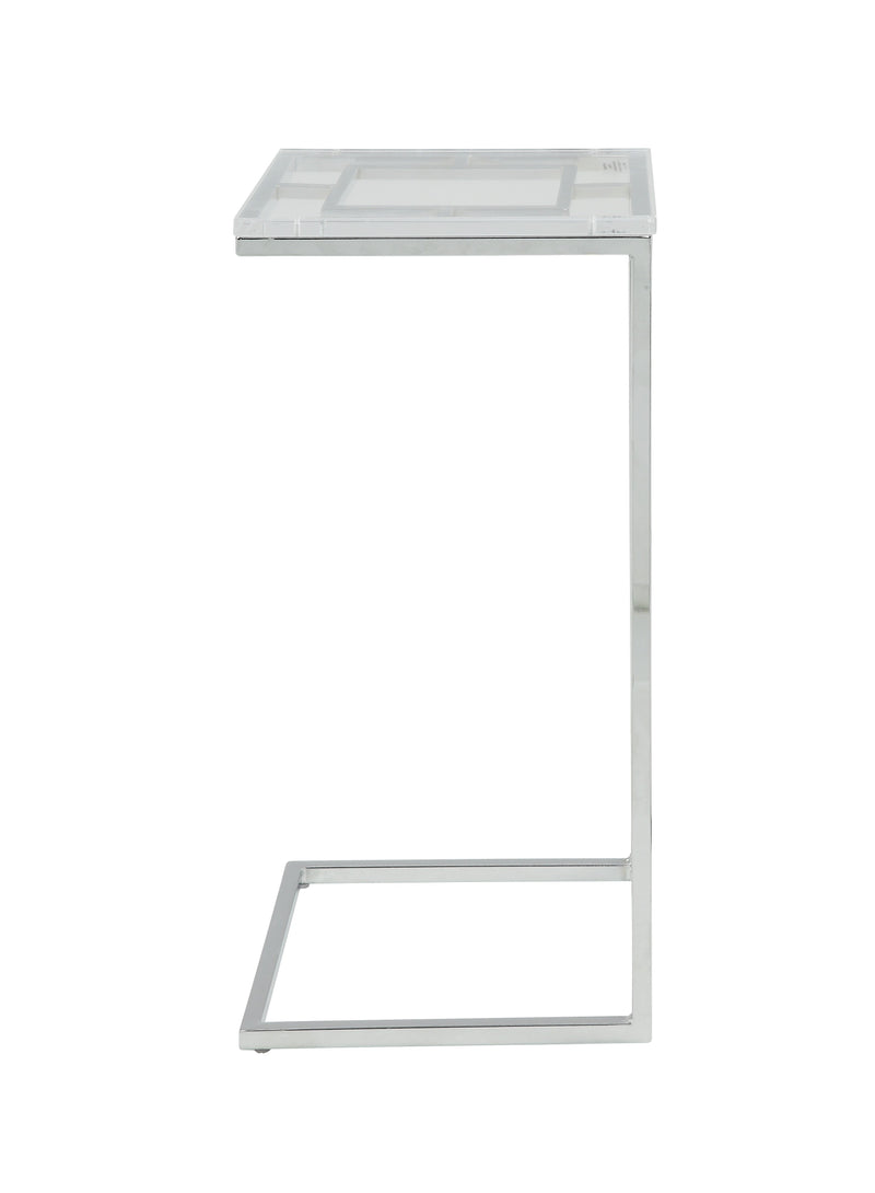 Acrylic Top Side Table Geometric C-Shaped Metal Base, Silver and Clear-Side and End Tables-Silver and Clear-Metal and Acrylic-JadeMoghul Inc.