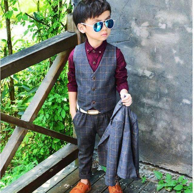 ActhInK 2017 New 3Pcs Boys Plaid Wedding Suit Brand England Style Gentle Boys Formal Tuxedos Suit Kids Spring Clothing Set, C157-Grey-10T-JadeMoghul Inc.