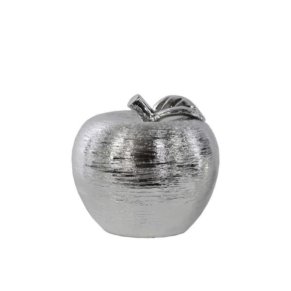 Action Figures and Statues Porcelain Apple Figurine In Combed Pattern, Small, Silver Benzara