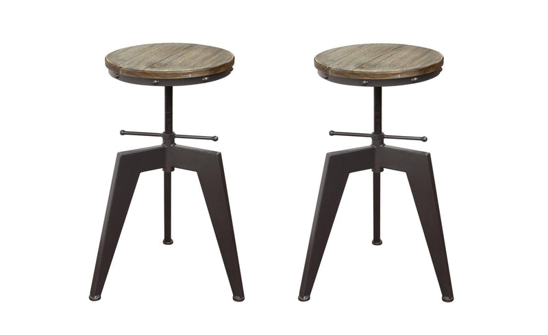 Adjustable Height Stools with Pine Wood Seat and Tripod Style Iron Base, Gray and Brown, Pack of Two