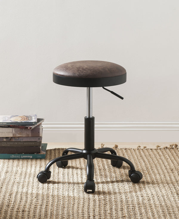 Adjustable Metal Stool with Leatherette Upholstered Seat, Set of Two, Mocha Brown and Black-Bar Stools & Tables-Brown and Black-Metal, Faux Leather-JadeMoghul Inc.