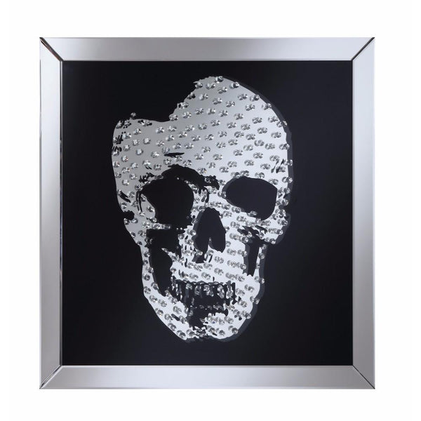 Adorning Wall Mirror With Jeweled Skull, Clear And Black-Wall Mirrors-Clear And Black-Glass-JadeMoghul Inc.