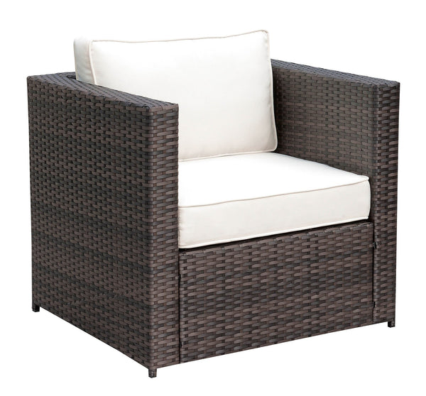 Aluminum Frame Patio Arm Chair With Cushioned Seating, Ivory & Espresso Brown-Patio Furniture-Ivory & Brown-Aluminum Frame & Fabric-JadeMoghul Inc.