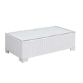 Aluminum Frame Rectangular Coffee Table with Woven Wicker Base and Glass On Top, White-Coffee Tables-White-Aluminum Wicker Wood and Glass-JadeMoghul Inc.