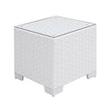 Aluminum Frame Square End Table with Woven Wicker Base and Glass On Top, White-Side and End Tables-White-Aluminum Wicker Wood and Glass-JadeMoghul Inc.