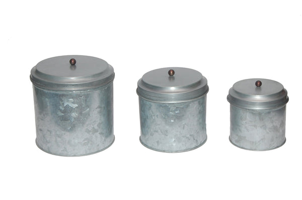 AMC0015 Galvanized Metal Lidded Canister With Ball Knob, Set of Three, Gray-Canisters-Gray-Galvanized Metal Sheet-JadeMoghul Inc.