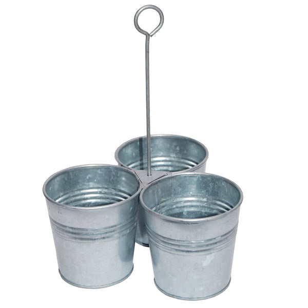 AMC0017 Galvanized Metal Cutlery Holder with Three Buckets and Ring Holder, Gray-Serving Bowls-Gray-Galvanized Metal Sheet-JadeMoghul Inc.