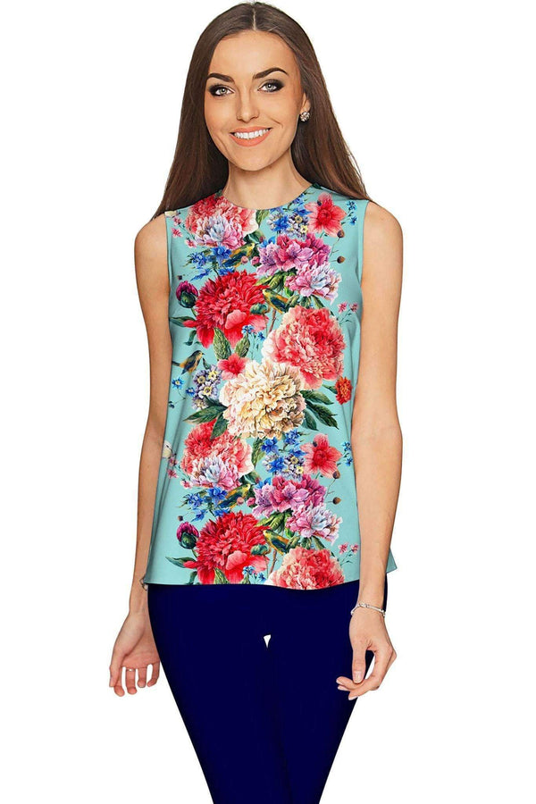 Amour Emily Blue Floral Print Sleeveless Dressy Top - Women-Amour-XS-Blue/Red-JadeMoghul Inc.