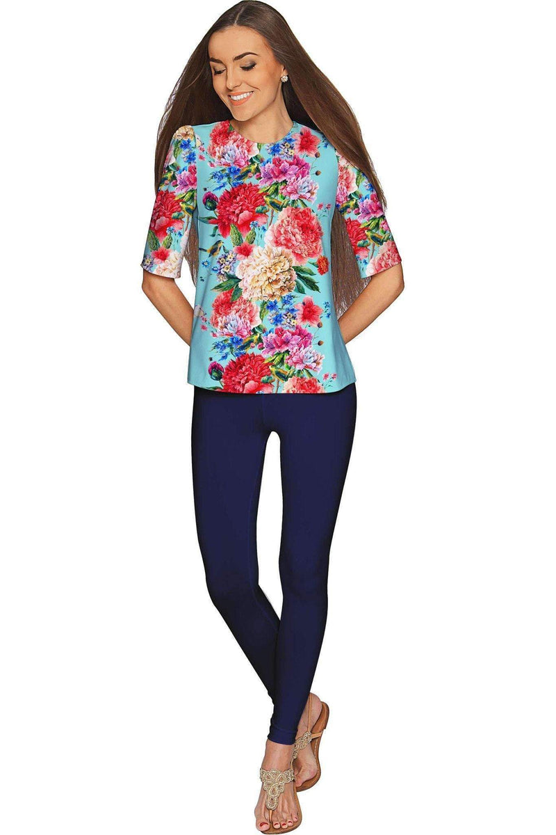 Amour Sophia Floral Print Elbow Sleeve Dressy Top - Women-Amour-XS-Blue/Red-JadeMoghul Inc.