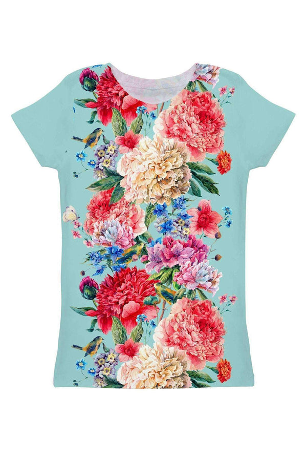 Amour Zoe Blue Floral Print Designer T-Shirt - Women-Amour-XS-Blue/Red-JadeMoghul Inc.