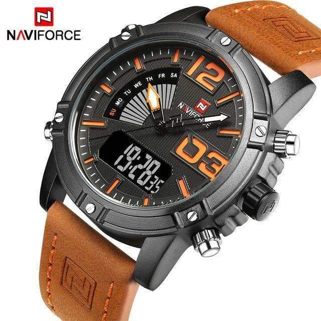 Analog LED Men Leather Quartz Wrist Watch-Black Orange-JadeMoghul Inc.