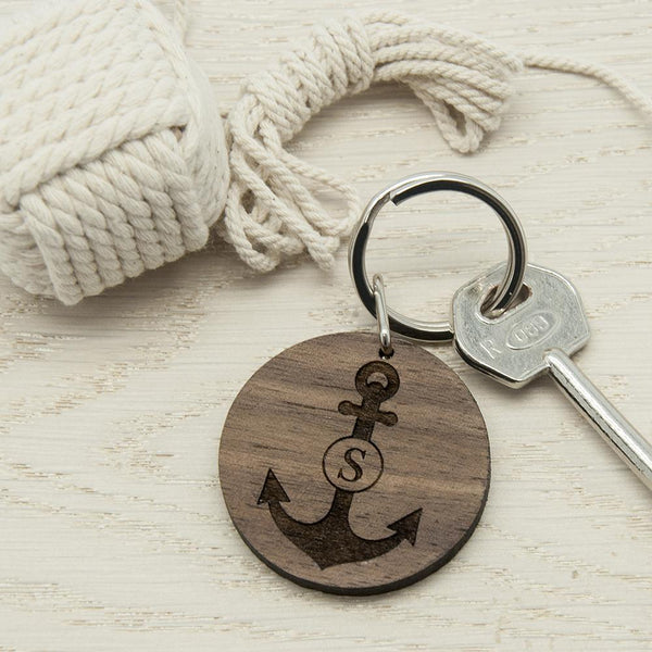 Personalized Keychains Anchor and Initial Round Wooden Keyring
