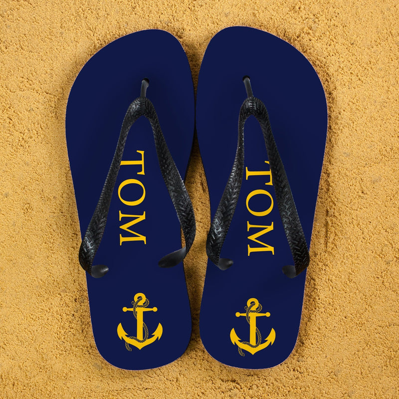 Anchor style Personalised Flip Flops in Blue and Yellow