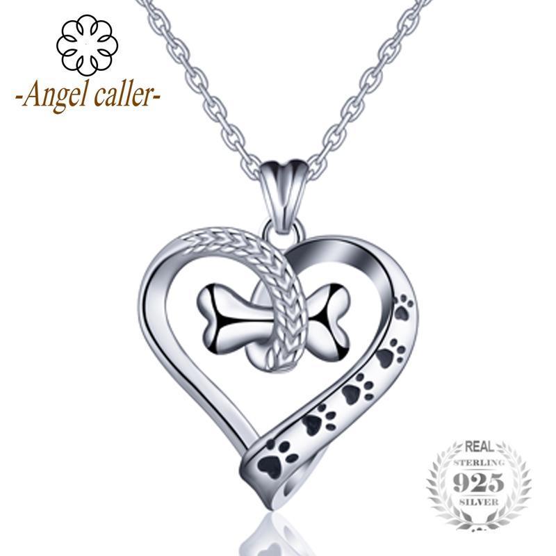 Angel Caller 925 Sterling Silver lovely Dog and Cat Footprint Necklace Bone Heart Pendant Necklaces Women Fine Jewelry CYD105-with necklace-JadeMoghul Inc.