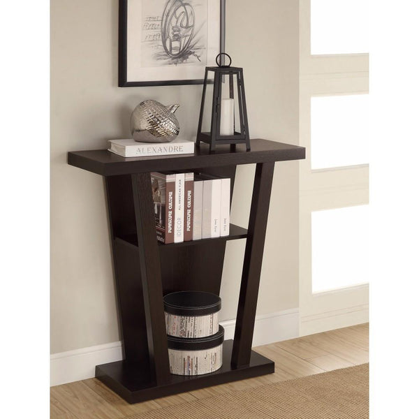 Angled Wooden Console Table With Storage Space, Brown-Console Tables-Brown-Wood-JadeMoghul Inc.