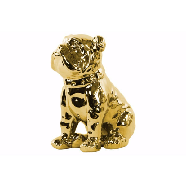 Animal Statue Sitting British Bulldog Figurine with Collar - Gold - Benzara Benzara