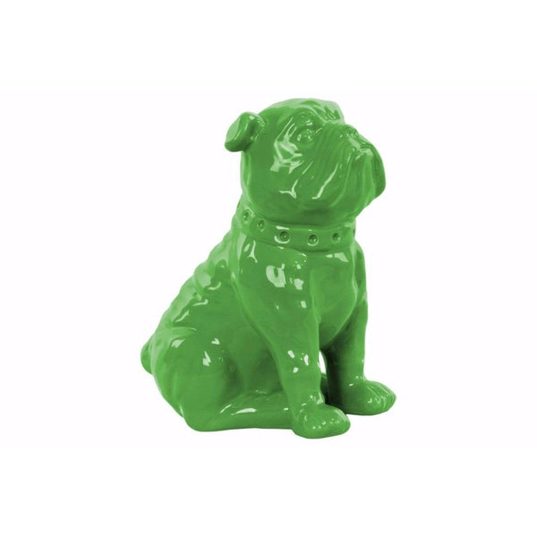 Animal Statue Sitting British Bulldog Figurine with Collar - Green - Benzara Benzara