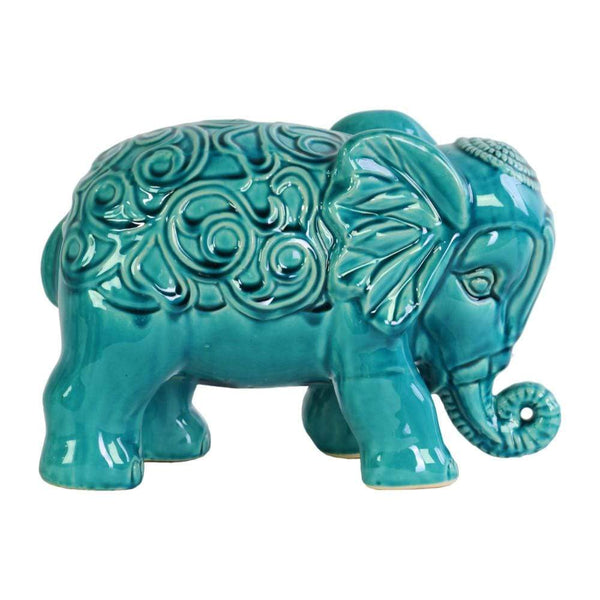 Animal Statue Standing Elephant Figurine with Embossed Swirl Design Blue - Benzara Benzara