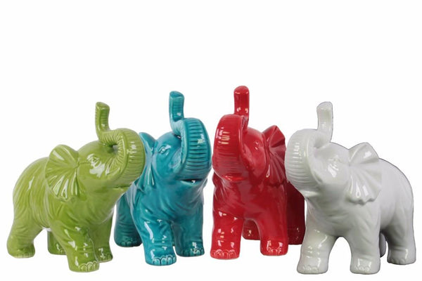Animal Statues Standing Trumpeting Elephant Figurine In Ceramic, Assortment of 4, Multicolor Benzara