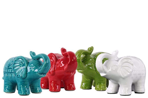 Trumpeting Standing Elephant Figurine In Ceramic, Small, Assortment Of 4, Multicolor