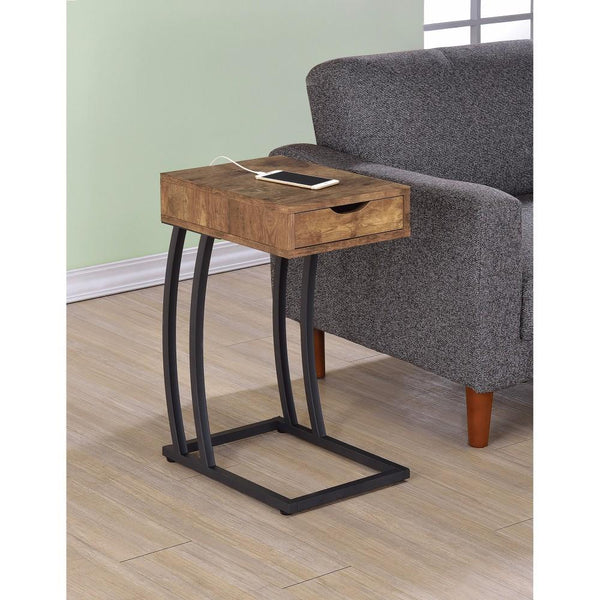 Antique Accent Table with Storage Drawer and Outlet, Brown-Coffee Tables-Brown-Wood and Metal-JadeMoghul Inc.