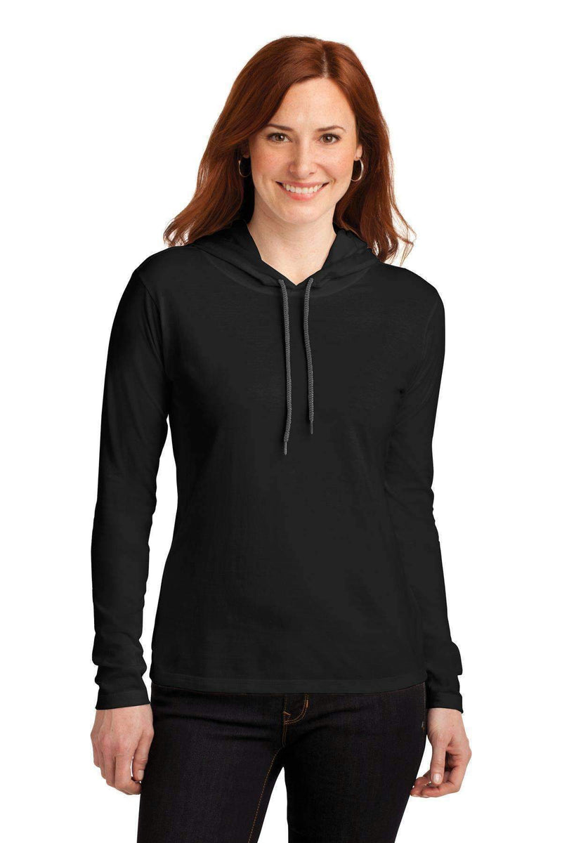 Anvil Ladies 100% Combed Ring Spun Cotton Long Sleeve Hooded T-Shirt. 887L-Sweatshirts/Fleece-Black/ Dark Grey-2XL-JadeMoghul Inc.