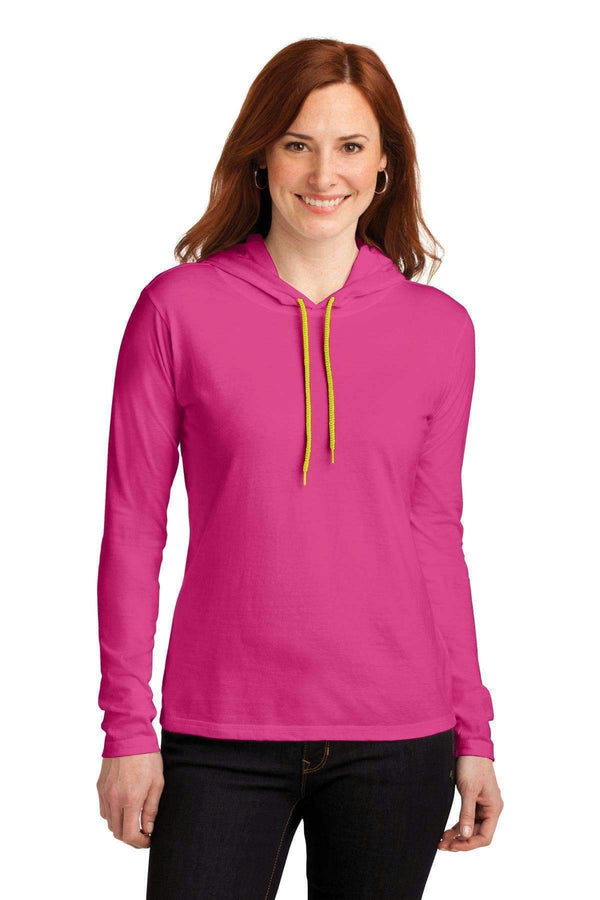 Anvil Ladies 100% Combed Ring Spun Cotton Long Sleeve Hooded T-Shirt. 887L-Sweatshirts/Fleece-Hot Pink/ Neon Yellow-2XL-JadeMoghul Inc.