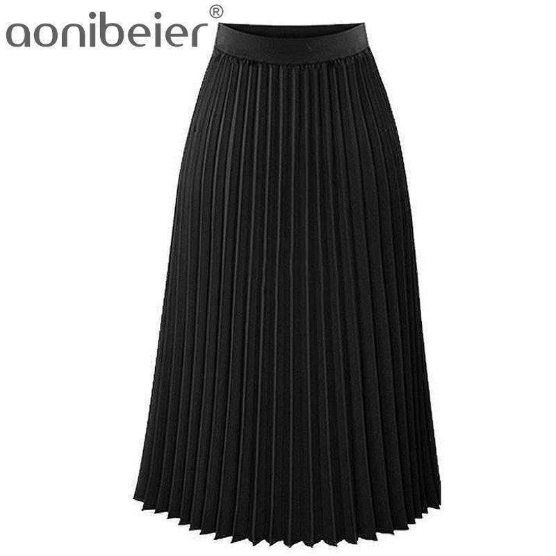 Aonibeier Fashion Women's High Waist Pleated Solid Color Length Elastic Skirt Promotions Lady Black Pink Party Casual Skirts-Black-One Size-JadeMoghul Inc.