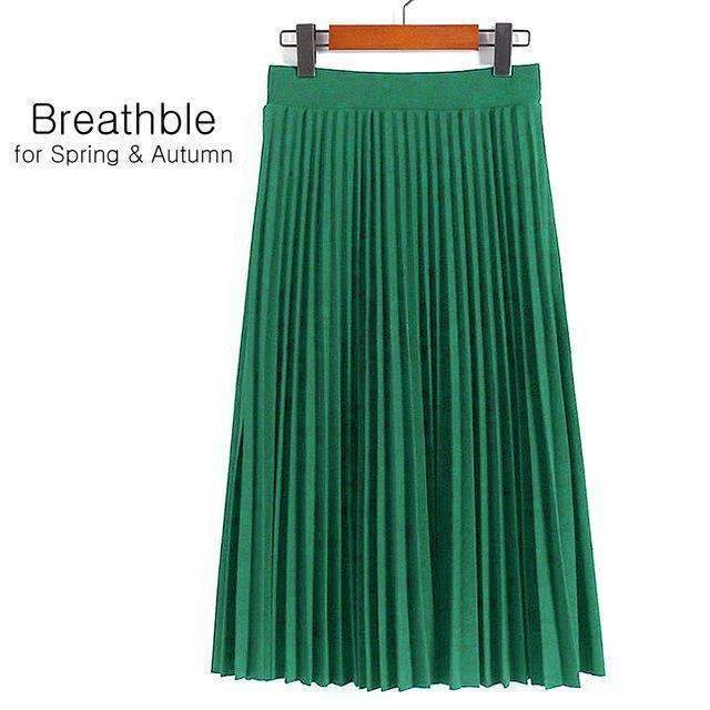 Aonibeier Fashion Women's High Waist Pleated Solid Color Length Elastic Skirt Promotions Lady Black Pink Party Casual Skirts-Jade Green-One Size-JadeMoghul Inc.