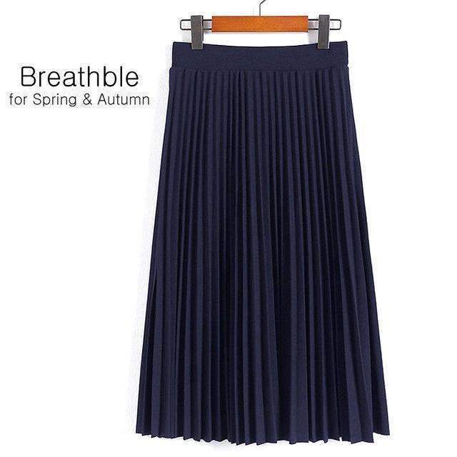 Aonibeier Fashion Women's High Waist Pleated Solid Color Length Elastic Skirt Promotions Lady Black Pink Party Casual Skirts-Navy Blue-One Size-JadeMoghul Inc.