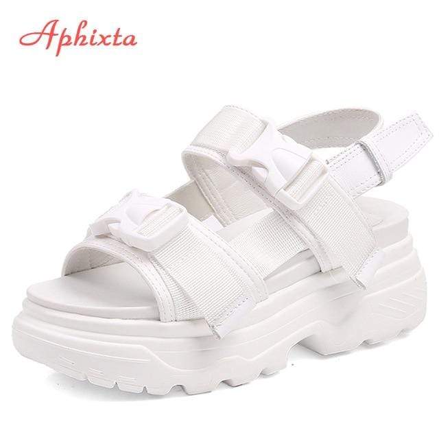 Aphixta 8cm Platform Sandals Women Wedge High Heels Shoes Women Buckle Leather Canvas Summer Zapatos Mujer Wedges Woman Sandal JadeMoghul Inc. 