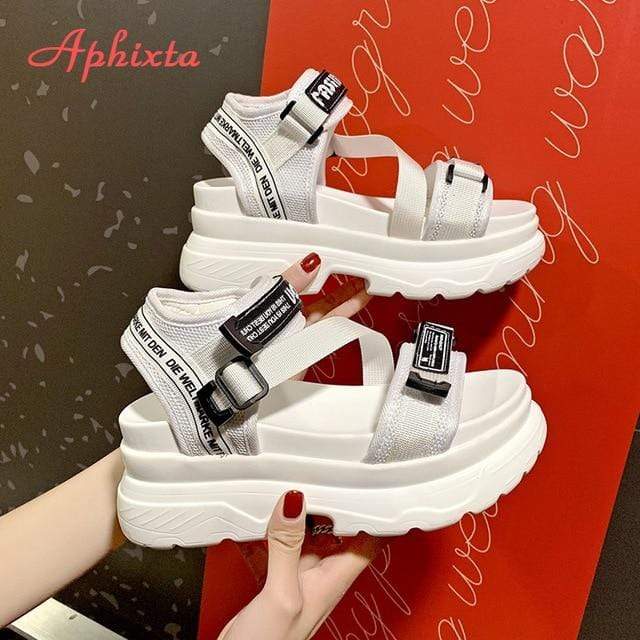 Aphixta 8cm Platform Sandals Women Wedge High Heels Shoes Women Buckle Leather Canvas Summer Zapatos Mujer Wedges Woman Sandal JadeMoghul Inc. 