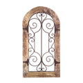 Arched Wooden Frame Wall Panel with Scrolled Metal Accents, Rustic Brown