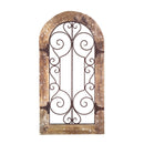 Arched Wooden Frame Wall Panel with Scrolled Metal Accents, Rustic Brown