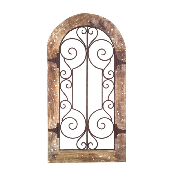 Arched Wooden Frame Wall Panel with Scrolled Metal Accents, Rustic Brown