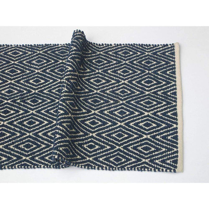 Area Rugs Soft Cotton Chenille Diamond Rug, Navy Blue & Ivory Benzara