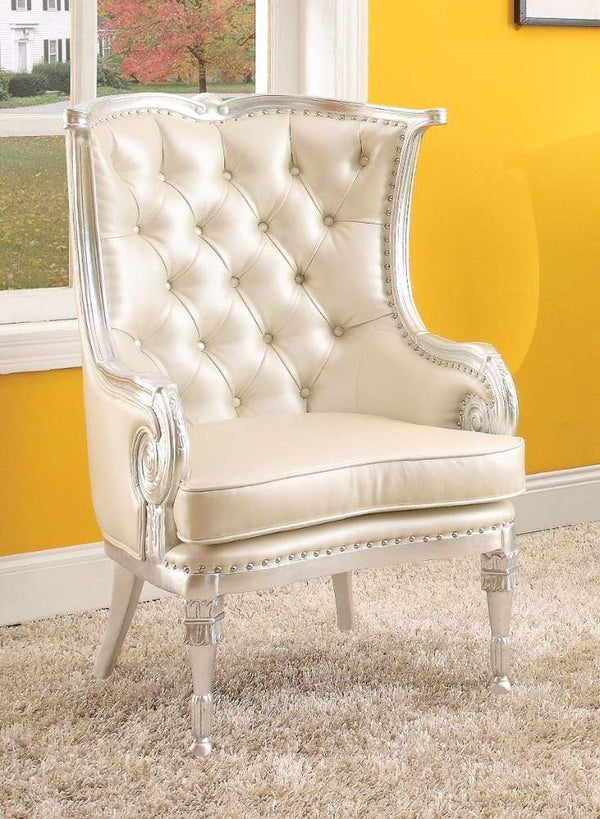 Armchairs and Accent Chairs Resin & Wood Accent Chair, Silver Frame & Beige Seat Benzara