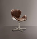 Armchairs and Accent Chairs Retro Top Grain Leather Accent Chair with Swivel, Brown & Silver Benzara