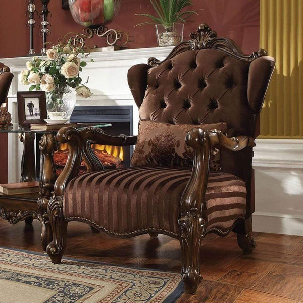 Armchairs and Accent Chairs Versailles Chair with  Pillow, Brown Velvet & Cherry Oak Benzara
